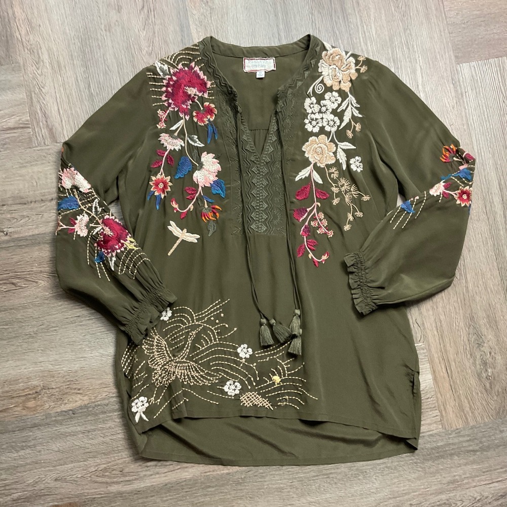 Johnny Was Workshop Blouse Womens XS Olive Green Floral Freja Silk Embroidered